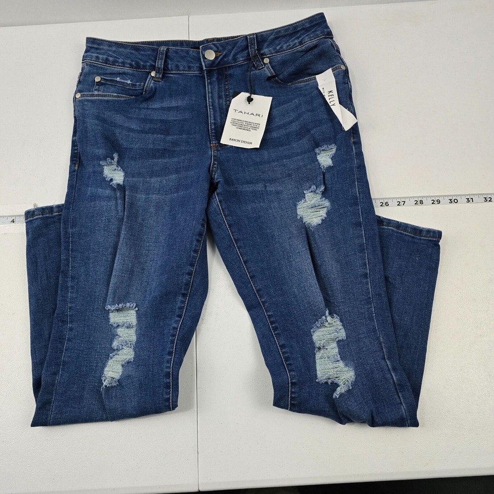 Tahari Kelly Rayon Denim Mid-Rise Skinny Distressed Jeans Blue 10/30 (4242)